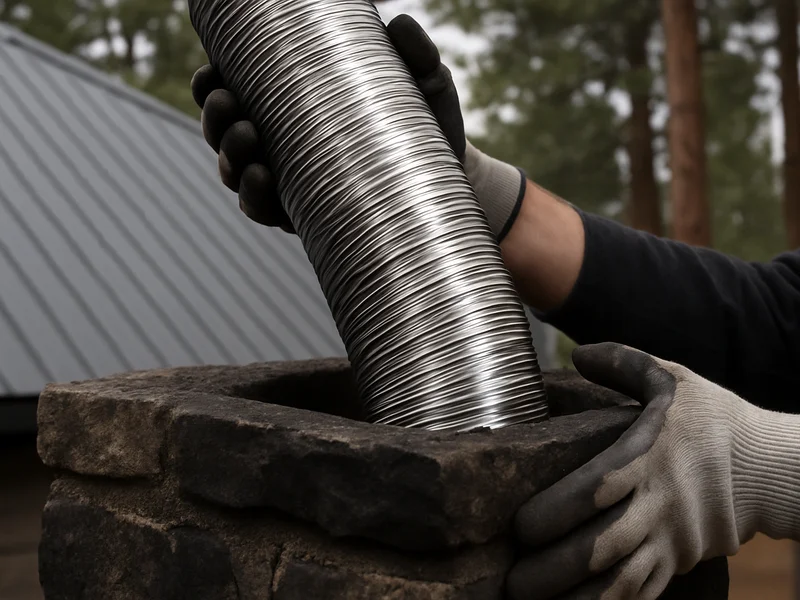 Flexible stainless steel chimney liner being lowered into a masonry flue